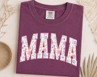 Wild Flower Mama T-shirt, Comfort Colors Trendy Varsity Mama Tee, Motherhood Shirt, Gift for New Mom, Pregnancy Reveal, Baby Shower Tee