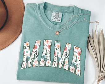 Floral Mama Shirt, Comfort Colors® Mom Spring Tee, Trendy Mom Tshirt, Women's Flower Mama Shirt, Spring Pregnancy Reveal Gift for New Mom