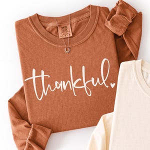 May include: A rust-colored long-sleeve shirt with the word "thankful" in white script. A silver necklace with a sunburst pendant is on the shirt. A cream-colored long-sleeve shirt is partially visible.