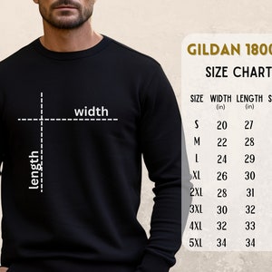 May include: Size chart for Gildan 18000 sweatshirts, showing measurements in inches for width, length, and sleeve length for sizes S through 5XL.