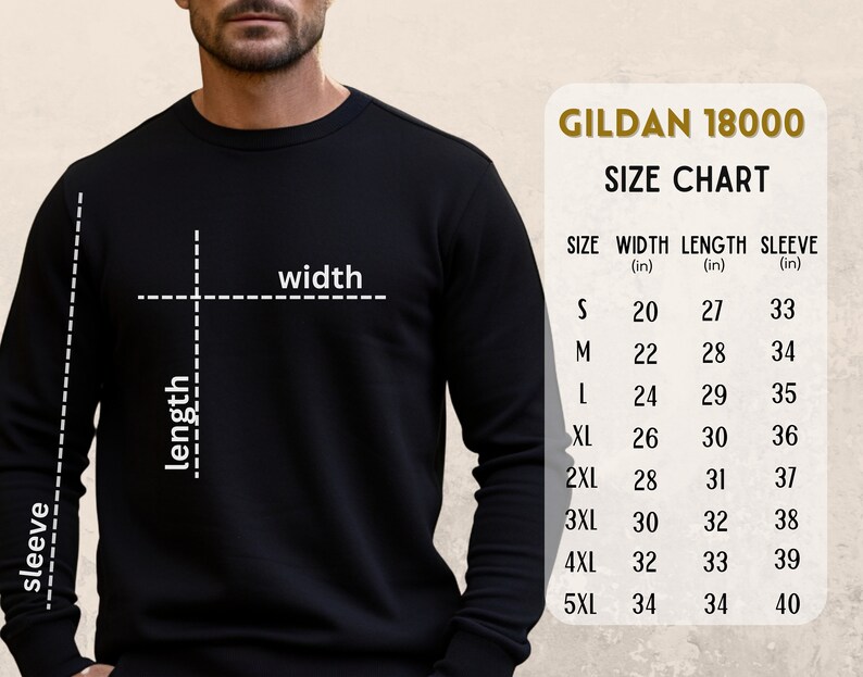 May include: Size chart for Gildan 18000 sweatshirts, showing measurements in inches for width, length, and sleeve length for sizes S through 5XL.
