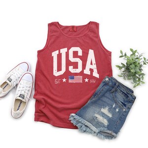 4th of July USA Tank Top, Comfort Colors Fourth of July Tank, Patriotic Tank, Summer Tank Top, Trendy USA Tank, America Est 1776 Crimson