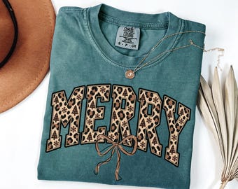 Merry Christmas Leopard Print T-shirt | Comfort Colors Leopard Pattern Holiday Lettering | Brown Christmas Tee | Women's Festive Shirt