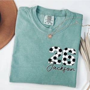 Custom Soccer Pocket Shirt, Soccer Comfort Colors , Personalized Soccer Number Shirt, Soccer Team Gift, Soccer Fan Tee, Sports Mom tee