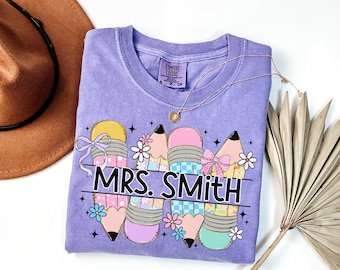 Comfort Colors® Custom Teacher Shirt, Personalized Pencil Teacher Tee, Floral Teacher Gift, Teacher Name TShirt, Back to School Teacher Gift