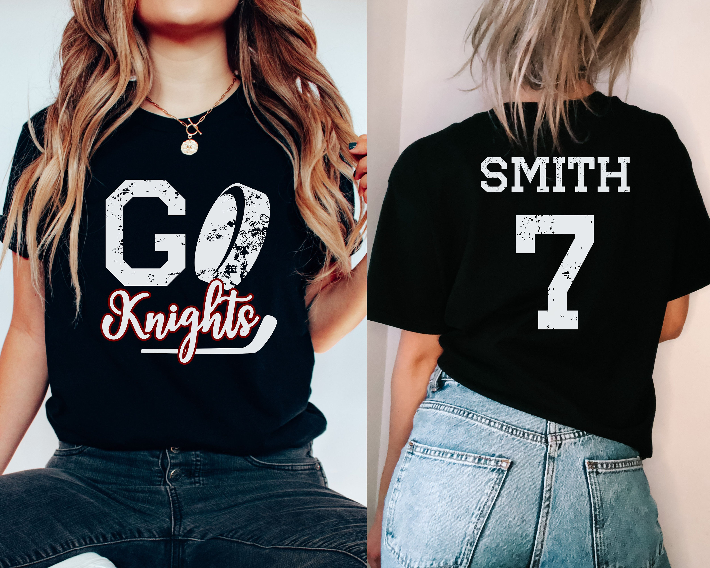 Custom Skull and Sticks Custom Team Name Number Hockey T-Shir - Unisex Champion Short Sleeve Tee | Personalized Gold Tops from Customized Girl