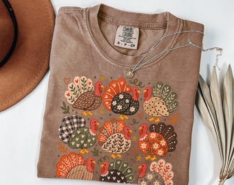 Folk Art Turkey Thanksgiving Shirt, Comfort Colors Boho Fall Wild Turkey Tee, Whimsical Give Thanks T-Shirt, Patchwork Floral Autumn Gift