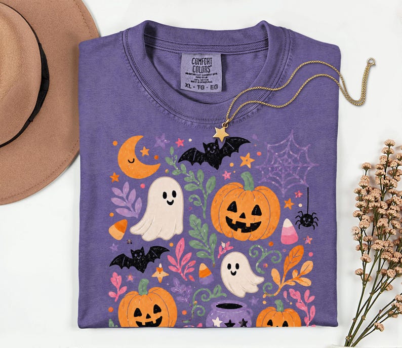 Comfort Colors Floral Halloween Tee, Spooky Season Shirt, Preppy Halloween Graphic T-Shirt, Women's Trendy Fall Gift, Pumpkin Season Grape