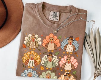 Boho Turkey Thanksgiving Shirt, Comfort Colors Preppy Fall Wild Turkey Tee, Whimsical Give Thanks T-Shirt, Women's Floral Autumn Gift