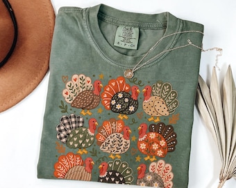 Folk Art Turkey Thanksgiving Shirt, Comfort Colors Boho Fall Wild Turkey Tee, Whimsical Give Thanks T-Shirt, Patchwork Floral Autumn Gift