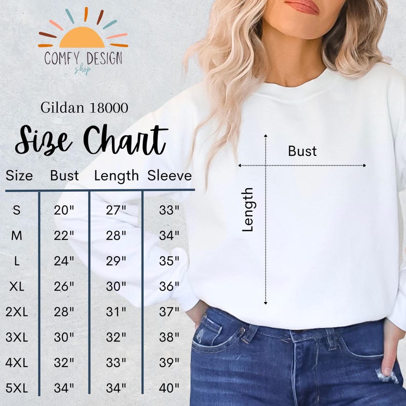 May include: Size chart for a Gildan 18000 sweatshirt, showing measurements in inches for bust, length, and sleeve. The chart includes sizes S through 5XL.