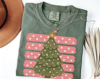 Comfort Colors Pink Christmas Tree Tee, Polka Dot Striped Christmas T-Shirt, Festive Holiday Shirt, Matching Women's Holiday Attire