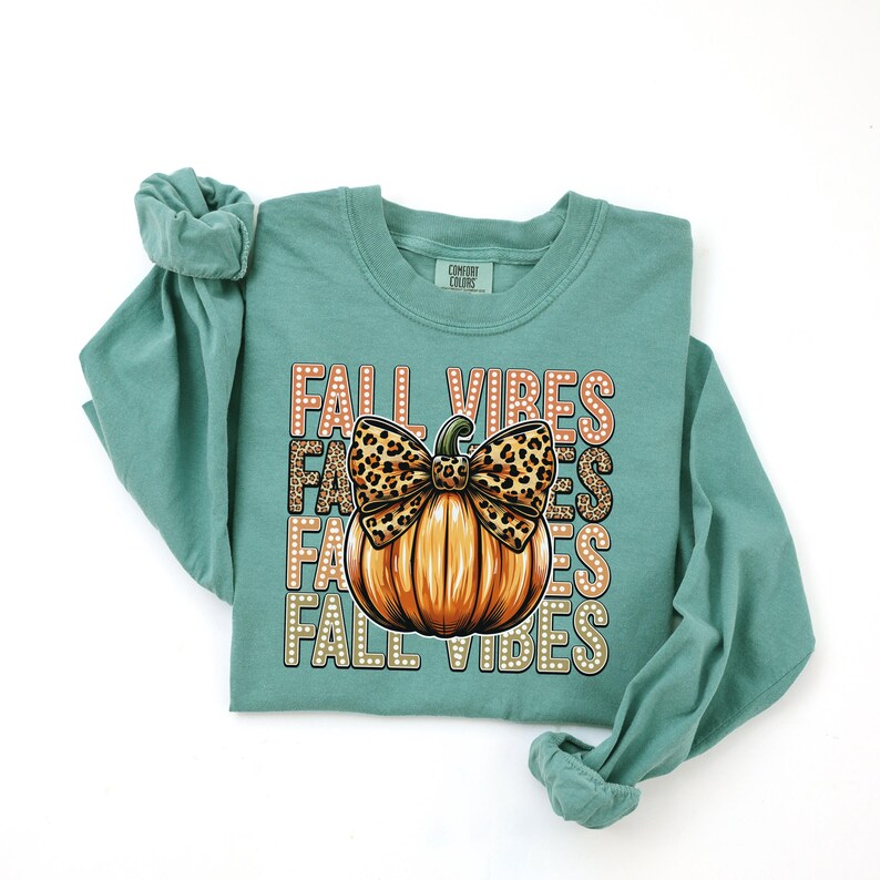 May include: A teal long-sleeved top with a graphic of an orange pumpkin with a leopard print bow and the words "FALL VIBES". The text and bow are in a stacked design.
