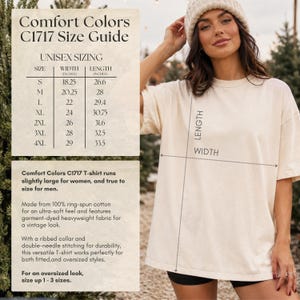 May include: A beige short-sleeve t-shirt with a size guide chart displaying width and length measurements in inches for sizes S through 4XL. The text includes details about the 100% ring-spun cotton fabric, ribbed collar, and double-needle stitching.