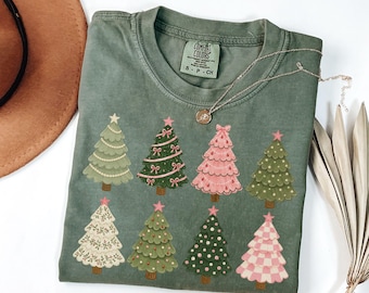 Comfort Colors Whimsical Christmas Trees T-shirt, Cute Holiday Tree Tee, Women's Festive Gift, Pink Holiday Shirt