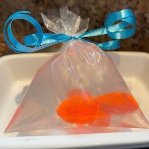 May include: A clear plastic bag tied with a blue ribbon, containing an orange plastic goldfish toy.