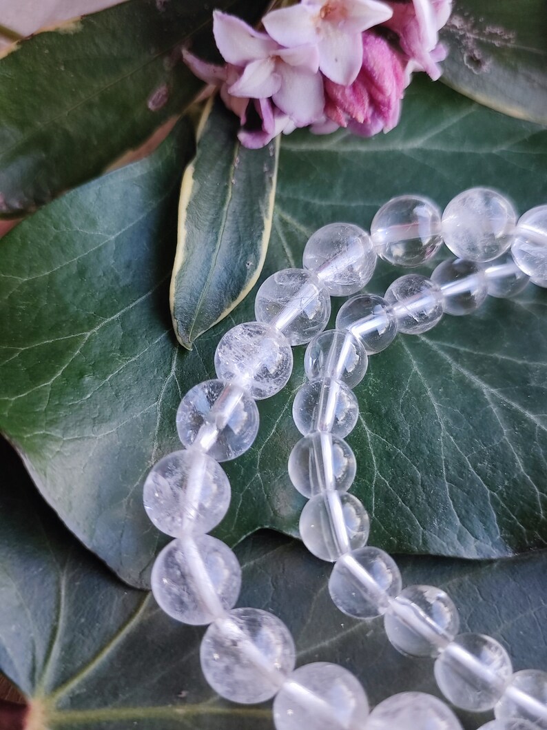 Pu&ograve; includere: Una collana di perle di cristallo di quarzo trasparente, con un aspetto naturale leggermente nuvoloso, &egrave; esposta su uno sfondo di foglie verdi.