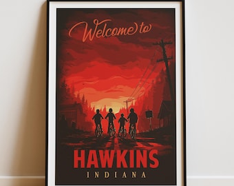 Hawkins Indiana Stranger inspired Poster Art Print, Modern Retro Vintage Cinema Home Wall Art