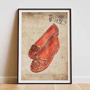 Plakat ścienny w stylu vintage z rubinowymi pantofelkami z Krainy Oz, nowoczesny prezent do pokoju dziecięcego w stylu retro