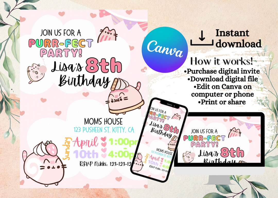 Pusheen Birthday Invitation Cat Birthday Invitation Kawaii - Etsy