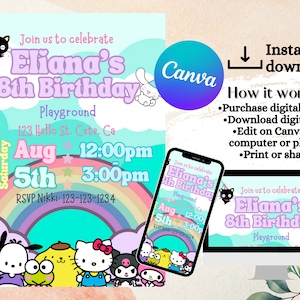 Kitty Birthday Invitation, Kawaii Characters