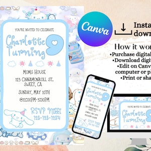 Kawaii Birthday Invitation, Kawaii Bunny, Kawaii Cute Kitty