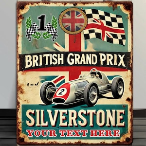 Gepersonaliseerde Silverstone British Grand Prix F1 Race Track Garage Workshop Metalen bord retro klassiek RLM02