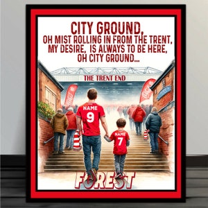 Ilustración personalizada del estadio de Nottingham Forest para padre e hijo. Añada su nombre. Letrero de pared de metal retro vintage RSF04