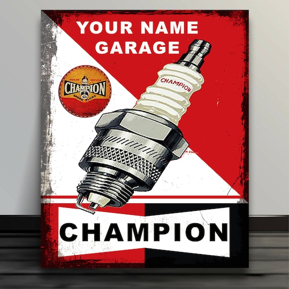 Letrero Metálico Bujías Champion Americana – Placa Decorativa 20x30 Cm Para Garage O Bar