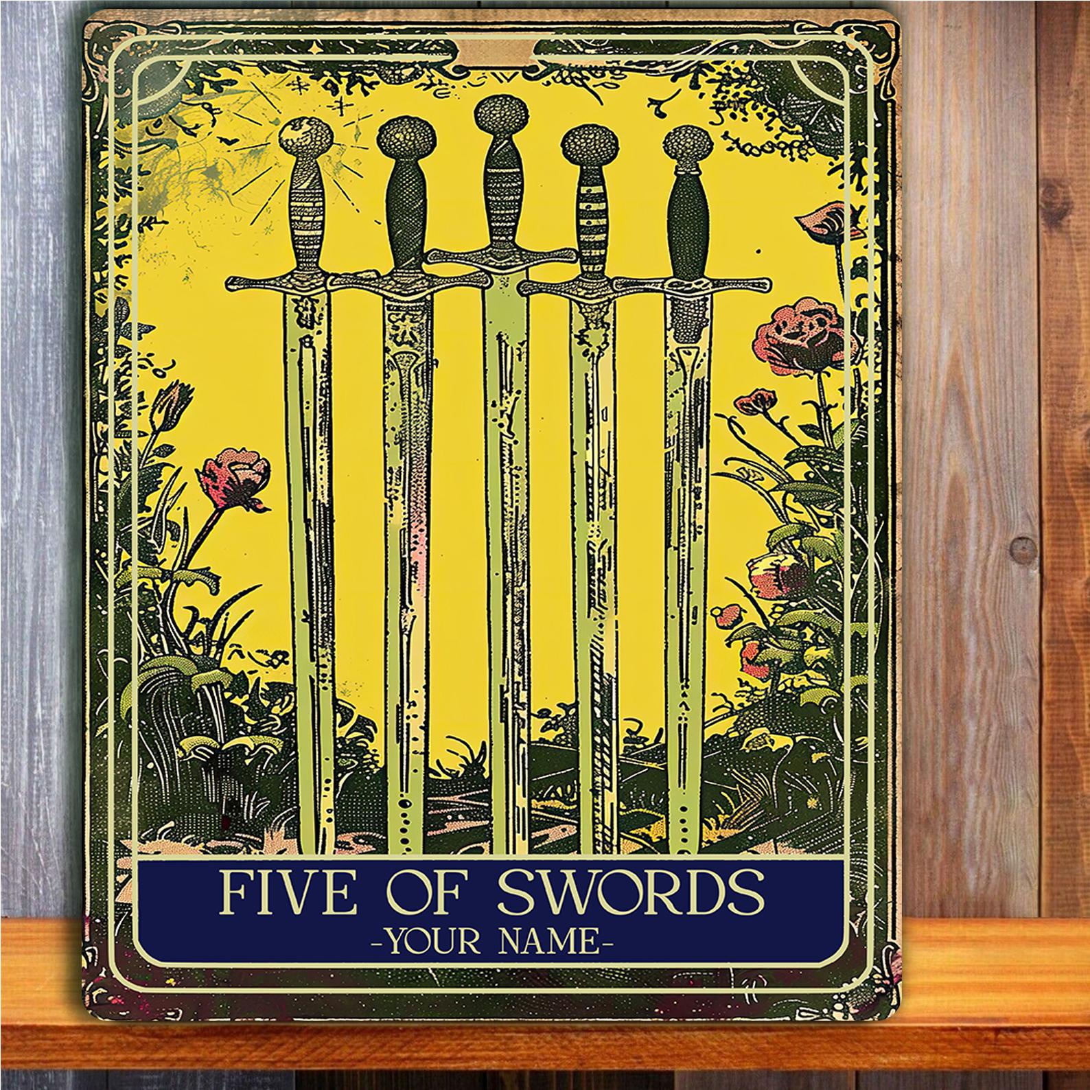 Personalised Five of Swords Tarot Sign Oracle Hanging Metal Wall Plaque