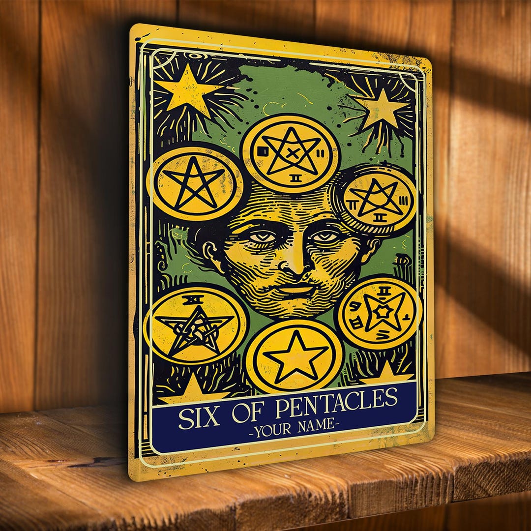 Personalised Six of Pentacles Tarot Sign Oracle Hanging Metal Wall