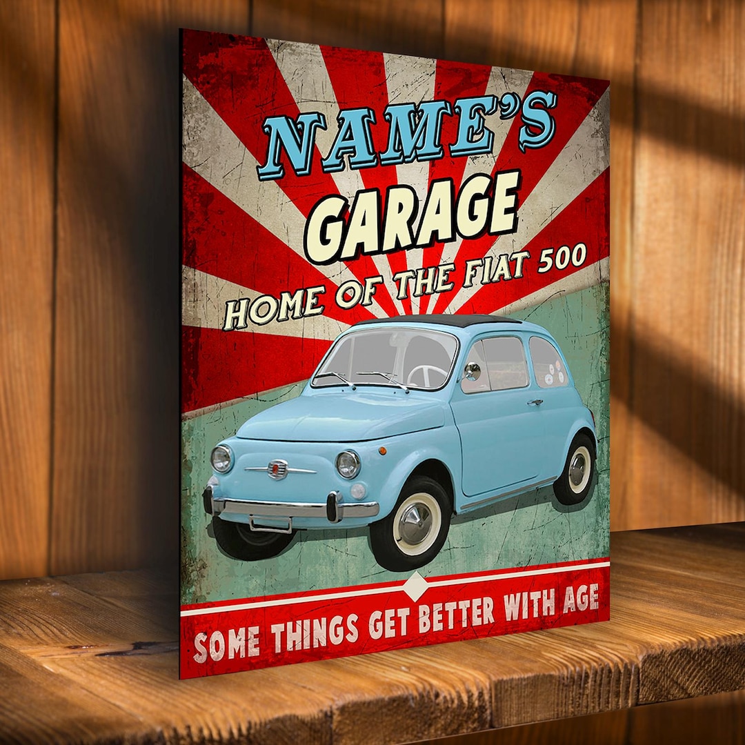 Personalised FIAT 500 Metal Wall Sign Garage Classic Retro Icon