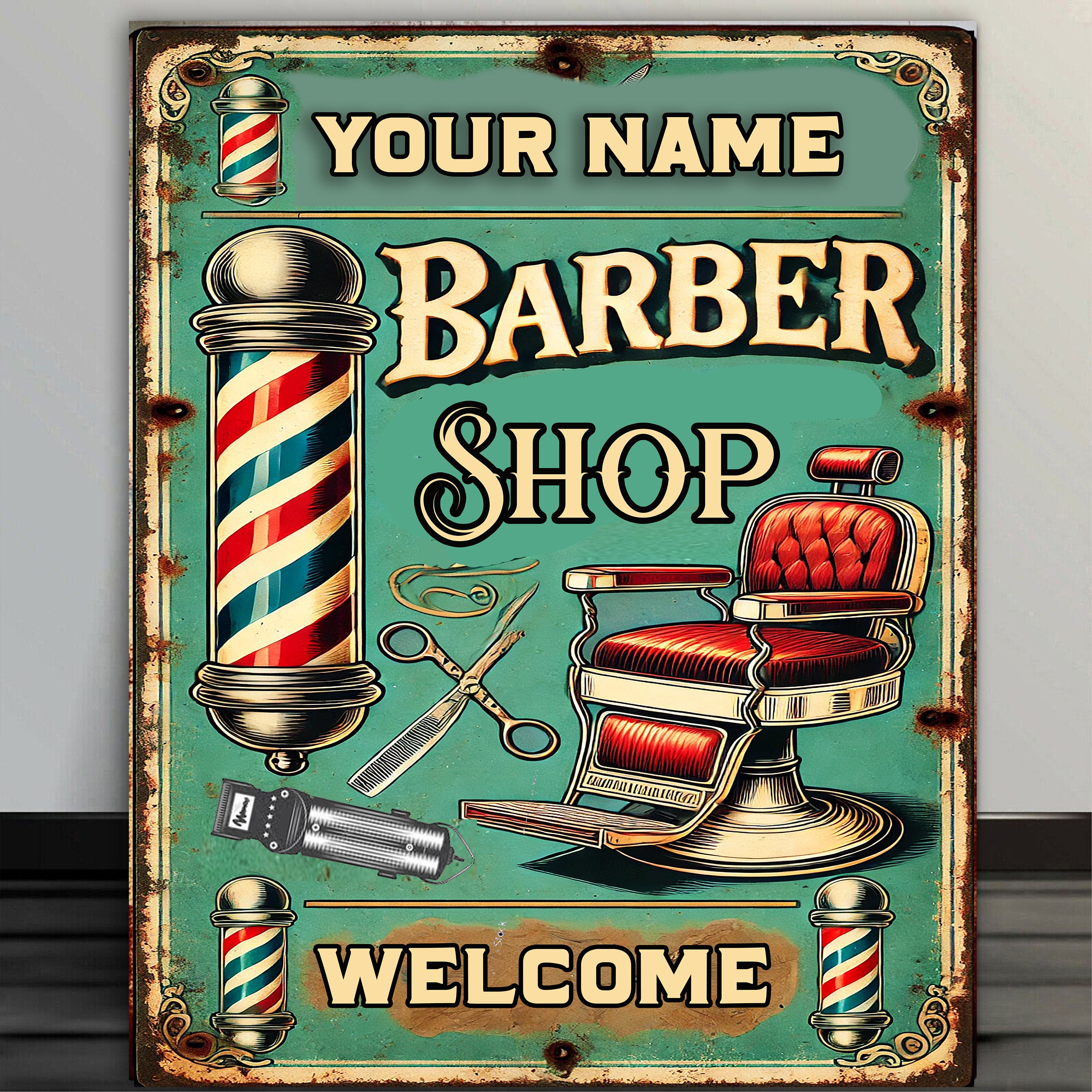 Personalised Barber Shop Salon Shave Men's Metal Wall Sign Classic