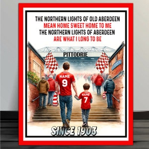 Ilustración personalizada del estadio de fútbol de Aberdeen para padre e hijo. Agregue su nombre. Letrero de pared de metal retro vintage FF01