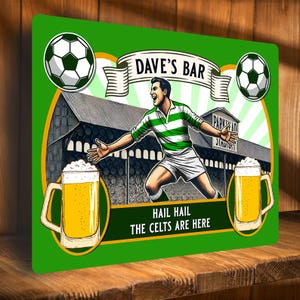 Letrero de bar de fútbol de Glasgow personalizado, placa de metal para cerveza, pub, cueva de hombre, cobertizo, estadio de fútbol, regalo de cumpleaños para papá, añadir nombre SBS34