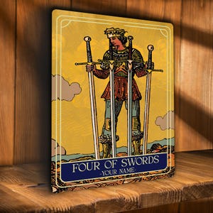 Personalised Four of Swords Tarot Sign Oracle Hanging Metal Wall Plaque Gifts for Pagan Witch TAR16