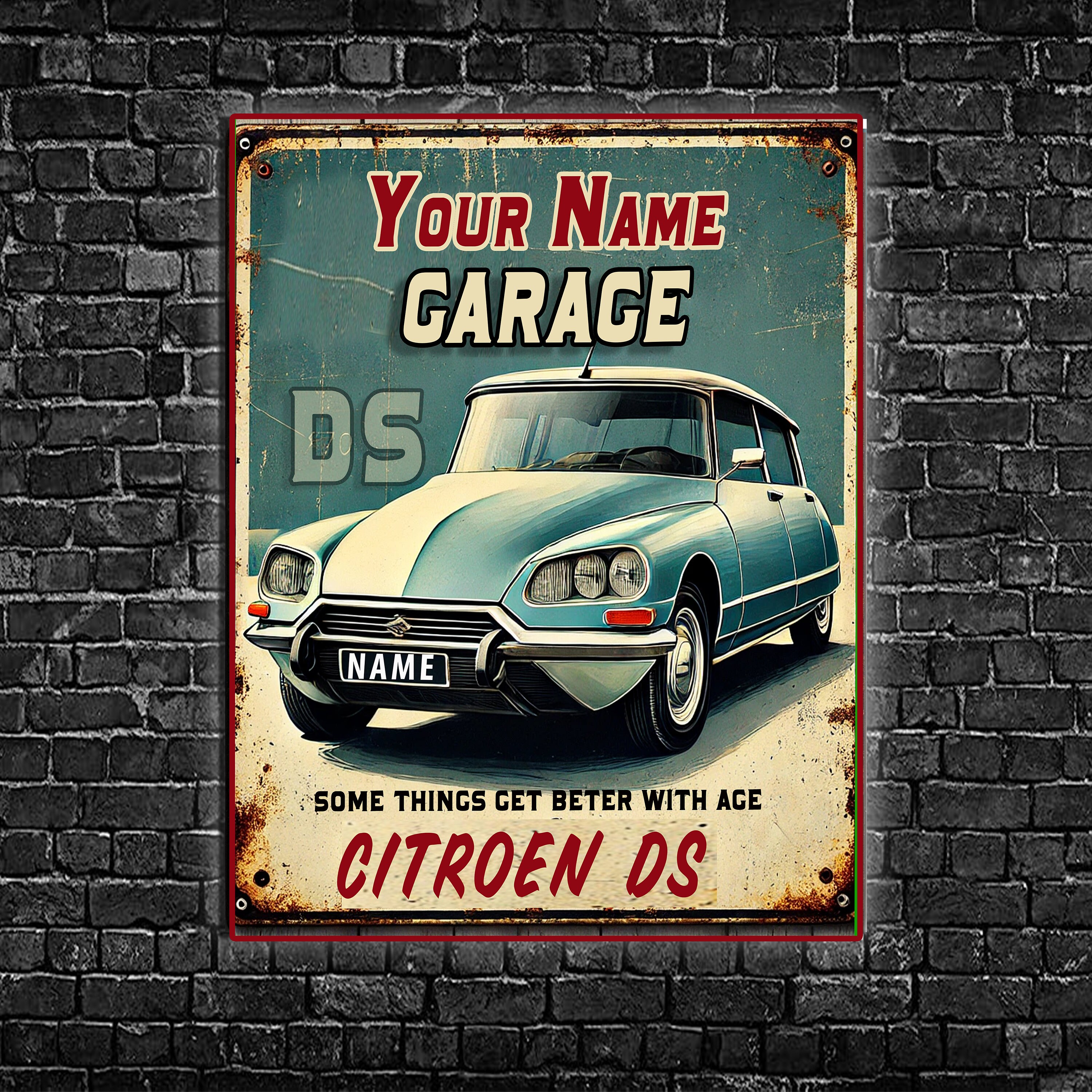Personalised Citroen DS Metal Classic Car Metal Sign Retro Garage