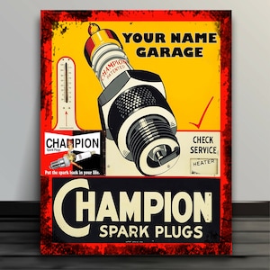 Personalisiertes Champion Zündkerzen-Garagenschild für die Werkstatt und die Werkstatt