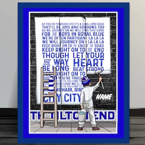 May include: A blue-bordered print featuring a brick wall with lyrics from a song. A person in a painter's outfit is applying paint to the wall. A ladder and a scarf with blue and white stripes are also visible. The text includes "CITY" and "THE END".