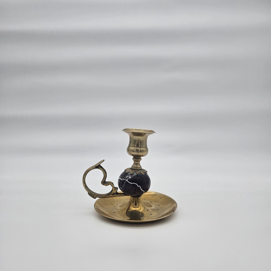Vintage Brass & Stone Chamberstick - Etsy