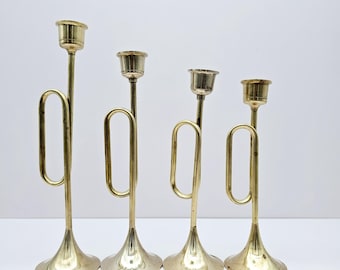 Vintage Brass Tiered Horn Candleholder Set