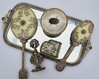Vintage Ormolu Filigree Vanity Set