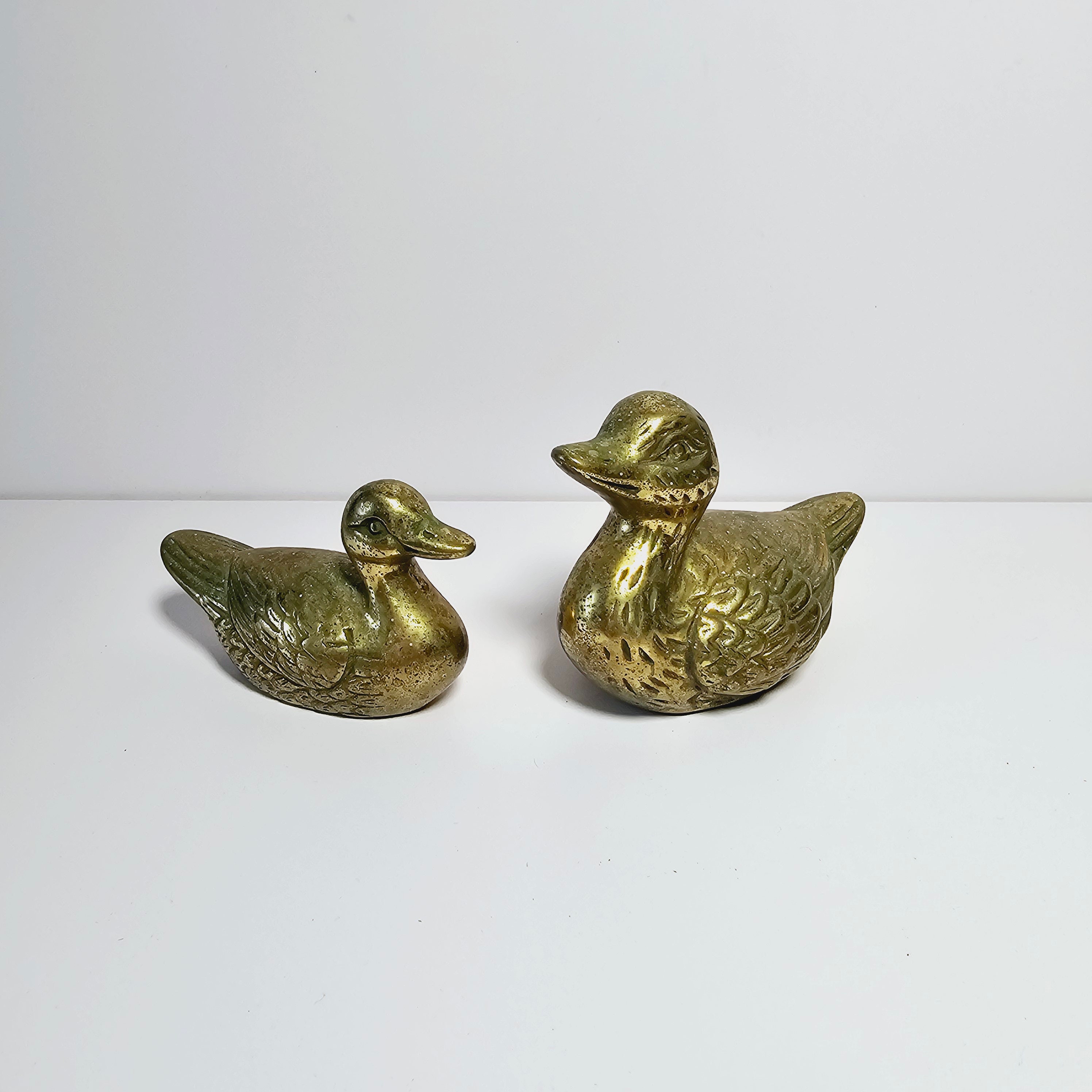 Vintage Brass Mama & Baby Duck Set
