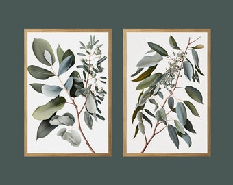 Botanical Print Set Of 2, Eucalyptus Branch Print, 2 Piece Wall Art, Modern Minimalist Poster, Green Art, Farmhouse Decor Printable Wall Art
