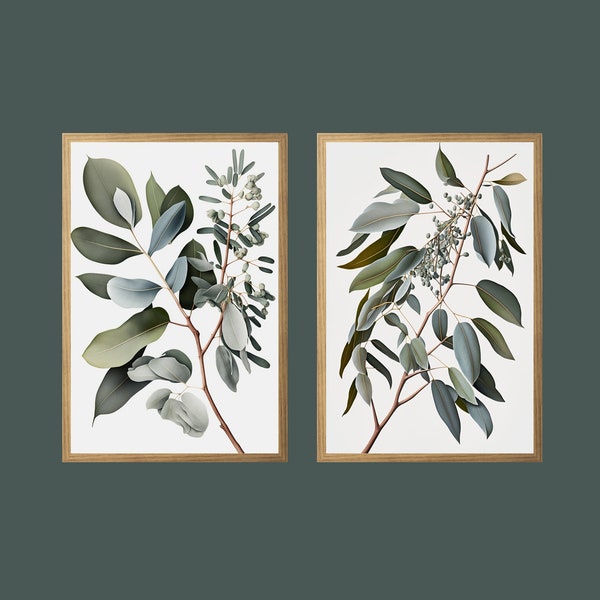 Botanical Print Set Of 2, Eucalyptus Branch Print, 2 Piece Wall Art, Modern Minimalist Poster, Green Art, Farmhouse Decor Printable Wall Art