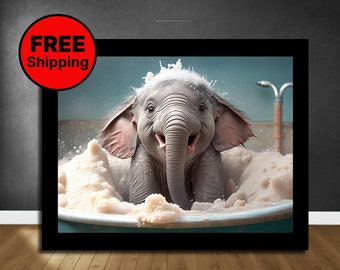 Cute Baby Elephant In Tub Wall Art, Elephant Bathing, Funny Bathroom Art, Safari Animal Art, Animal in bathtub, Kids Art, Giclée Art Print