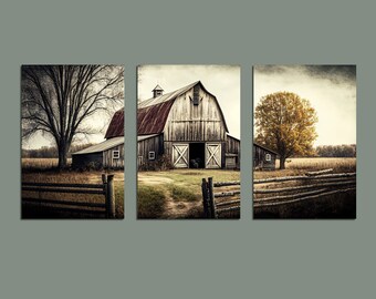 Triptych Wall Art, Rustic Barn Landscape Print Set, 3 Piece Wall Art, Set Of 3 Gallery Wall Art, Triptych Landscape, Printable Wall Art