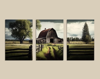 Triptych Wall Art, Rustic Barn Landscape Print Set, 3 Piece Wall Art, Set Of 3 Gallery Wall Art, Triptych Landscape, Printable Wall Art