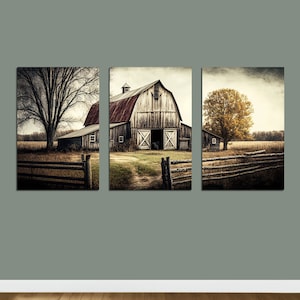 Triptych Wall Art, Rustic Barn Landscape Print Set, 3 Piece Wall Art, Set Of 3 Gallery Wall Art, Triptych Landscape, Printable Wall Art