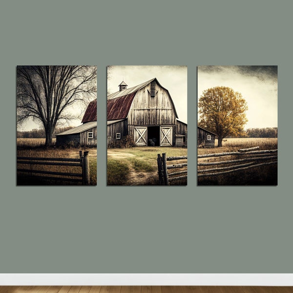 Triptych Wall Art, Rustic Barn Landscape Print Set, 3 Piece Wall Art, Set Of 3 Gallery Wall Art, Triptych Landscape, Printable Wall Art